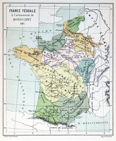 Feodaal Frankrijk ten tijde van de Troonsbestijging van Hugues Capet in 987, kaart geïllustreerd in een Histoire de France c.1880 door French School