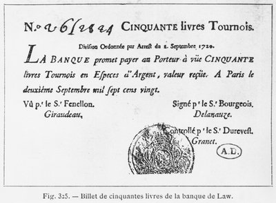 Vijftig pond Frans bankbiljet van de Law Bank, gedateerd 2 september 1720 door French School