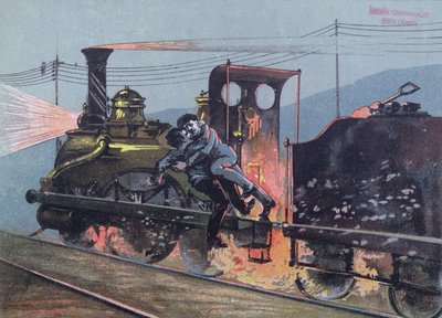Gevecht tussen Jacques Lantier (1840-70) en Pecqueux op de trein, Le Lison, scène uit La Bête Humaine door Emile Zola (1840-1902) illustratie uit Le Petit Rouennais door French School