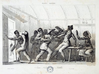 Gevecht in een taverne in de West-Indië, een jonge blanke vrouw wordt ontvoerd door rovers. Gravure uit de 19e eeuw. Chartres, Museum voor Schone Kunsten door French School