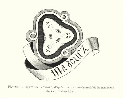 Figuren van de Drie-eenheid, naar een muurschildering van de kathedraal van Saint-Pol-de-Leon (gravure) door French School