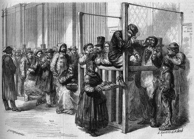 Wachtrij bij een loket aan de rue Mont Thabor in Parijs om in te schrijven voor de nationale lening van driehonderdvijftien miljoen uitgegeven door de Franse regering in 1864. Gravure in "Le Monde Illustré" nr. 355 van 30 januari 1864. door French School