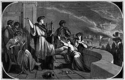 Brand van Rome door Nero. Tussen 18 en 24 juli 64 werd de stad Rome verwoest door een grote brand die naar verluidt werd veroorzaakt door keizer Nero om de christenen te beschuldigen en te vervolgen. Gravure in 