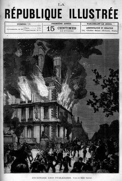 Brand van het Flore-paviljoen in de Tuilerieën in Parijs. Een krant. Gravure uit 1880 in 