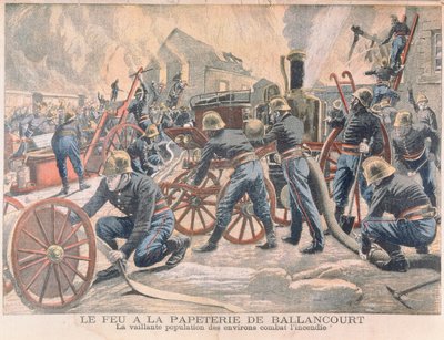 Brandweerlieden bestrijden een brand in een papierfabriek in Ballancourt, uit Le Petit Journal, 1905 door French School