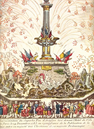 Vuurwerk voor het Hotel de Ville in Parijs ter viering van de Vrede van Versailles, 14 december 1783 door French School