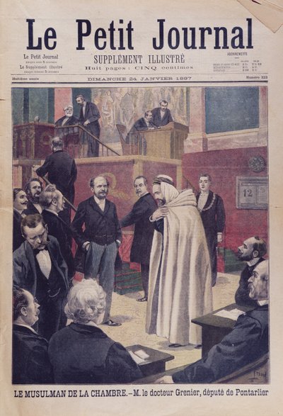 Eerste moslimafgevaardigde in de Franse Assemblee, Dr. Philippe Grenier, omslagillustratie van Le Petit Journal, 24 januari 1897 door French School