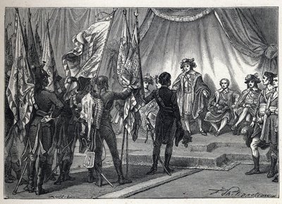 Eerste coalitie: Joachim Murat (1767-1815) presenteert aan het Uitvoerend Comité de vlaggen veroverd door het Franse leger, onder bevel van Napoleon Bonaparte, tijdens de Italiaanse veldtocht. Gravure uit 1889. Privécollectie. door French School