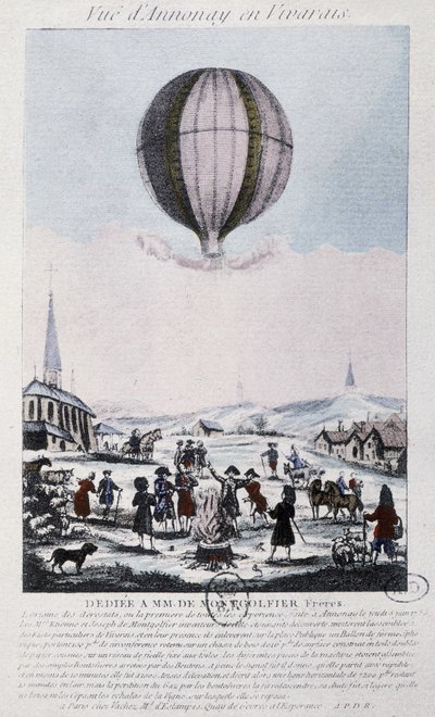 Eerste vlucht naar Annonay van de gebroeders Montgolfier in 1783 door French School