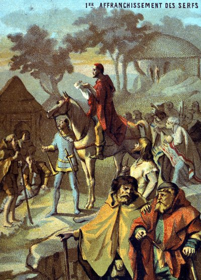 Eerste bevrijding van de lijfeigenen (1315) door Lodewijk X. Chromolithografie uit de serie 