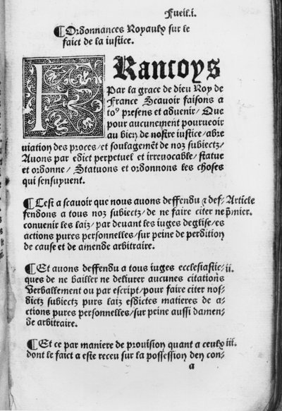 Eerste pagina van het Ordinantie van Villers-Cotterets, 1539 door French School