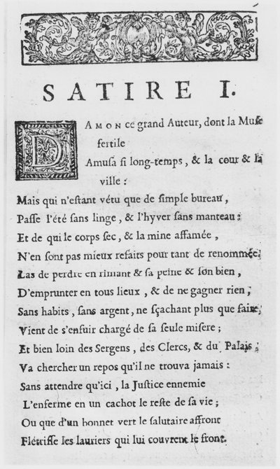 Eerste pagina van Satires door Nicolas Boileau, bekend als Boileau-Despreaux, gepubliceerd in 1685 door French School