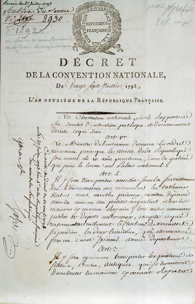 Eerste pagina van het decreet van de Nationale Conventie van 27/07/1793 waarin het Palais du Louvre als museum wordt gevestigd door French School