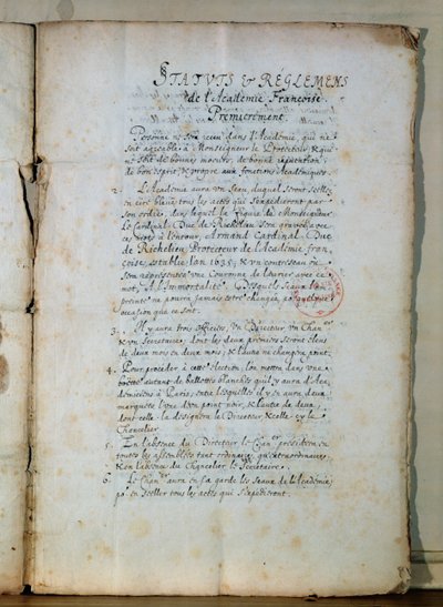 Eerste pagina van de statuten van de Franse Academie, 1635 door French School