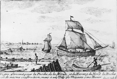 Vissersboot voor kabeljauw en noordelijke haring - gravure, n.d. door French School