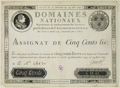Vijfhonderd livres bankbiljet, 19 juni 1791 door French School