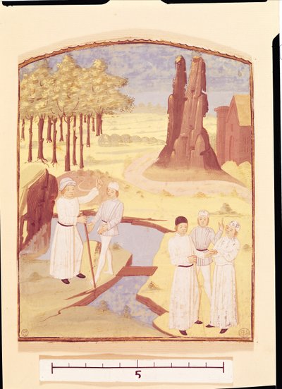 Vijf mensen die tuinontwerp bespreken, uit Livre des Prouffitz Champestres door Pietro de Crescenzi door French School