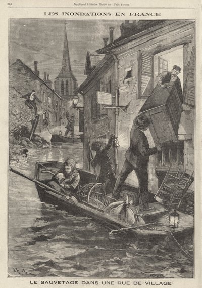 Overstromingen in Frankrijk: bewoners van een dorp gebruiken een boot om hun bezittingen uit hun overstroomde huis te redden door French School