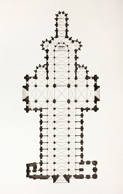 Plattegrond van de 13e-eeuwse ogivale stijl Notre Dame kathedraal in Rouen, Frankrijk, uit Les Arts au Moyen Age, gepubliceerd 1873 door French School