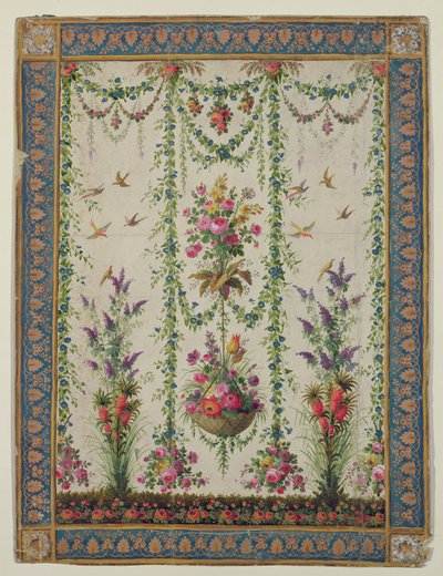 Bloemen en een hangende mand door French School
