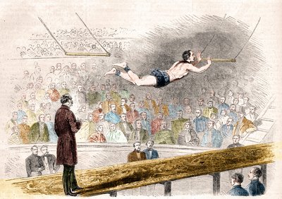 Vliegende trapezenummer door de Franse acrobaat Jules Leotard (1839-1870) in Cirque de Napoleon (nu Cirque d