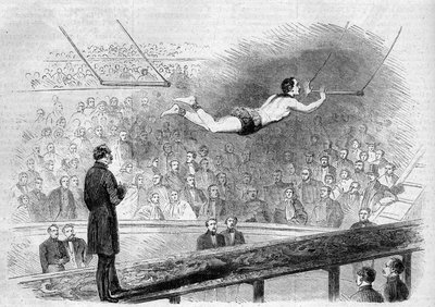 Vliegende trapezenummer door de Franse acrobaat Jules Leotard in Cirque de Napoléon (nu Cirque d