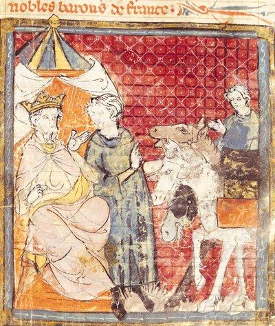 Fol.133r Roland neemt afscheid van Karel de Grote (742-814), Grandes Chroniques de France, 1375-79 door French School