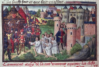 Fol.286v Hoe de inwoners van Babylon de sleutels van de stad aan Alexander de Grote (356-323 v.Chr.) gaven, uit het manuscript van Jean Vauquelin, uit de Histoire du Grand Alexandre, 1460 door French School