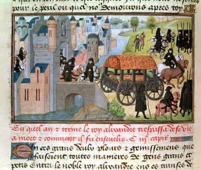 Fol.305v Hoe Alexander de Grote (356-323 v.Chr.) stierf en werd begraven, uit het manuscript van Jean Vauquelin, uit de Histoire du Grand Alexandre, 1460 door French School
