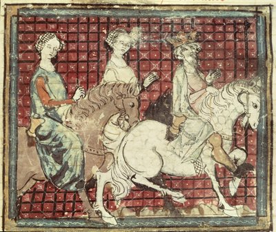 Fol.31r Chilperic I (543-97) en Fredegonde te paard, uit de Grandes Chroniques de France, 1375-79 door French School