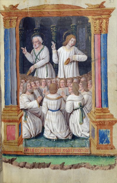 Fol.33r St. Petrus en St. Johannes vermanen de gelovigen, uit Heures a l