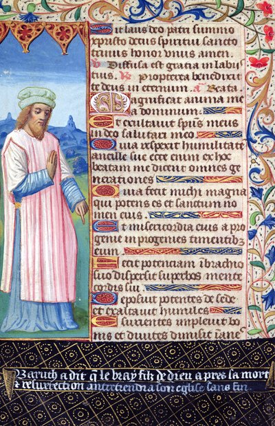 Fol.36v Tekst van het Magnificat met een portret van Baruch, uit Heures a l
