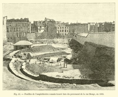 Opgravingen van het Romeinse amfitheater gevonden tijdens de aanleg van de Rue Monge, in 1869 door French School