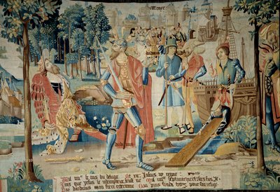 Stichting van de stad Troyes. Koning Jasius wordt gedood door zijn broer Dardanus die per boot vlucht en Troyes (in Champagne) sticht, afgebeeld op de achtergrond. Wandtapijt van 