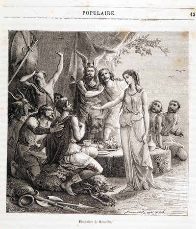 Stichting van Marseille: de Franse stad werd gesticht door Griekse zeelieden in 600 v.Chr. Gravure in 