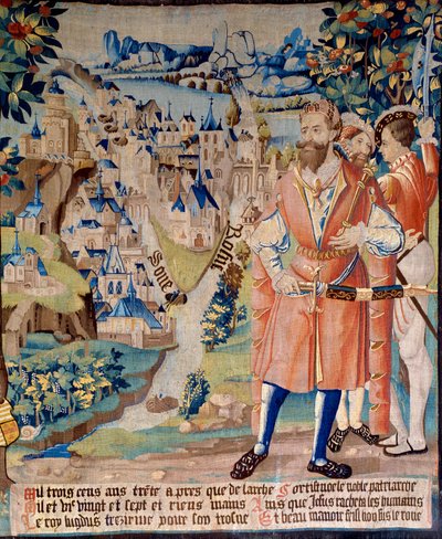 Stichting van de stad Lyon: Lugdus kleinzoon van Galathes, stichter van Gallië, met metgezellen, achter hem, de stad Lyon aan de samenvloeiing van de Rhône en de Saône, de bergen van de Alpen in de verte. Wandtapijt van 