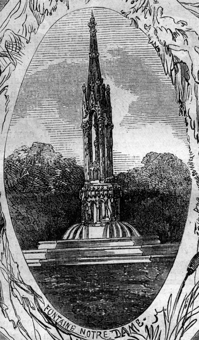 Fontein van Parijs: zicht op de Fontein van de Maagd (Notre Dame Fontein) (circa 1845). Gravure in 