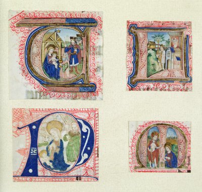 Vier gehistorieerde initialen die de Aanbidding der Wijzen, de Kribbe, David en Bathseba en Christus in de Tuin uitbeelden door French School