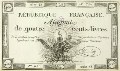 Bankbiljet van vierhonderd livre, 21 september 1792 door French School