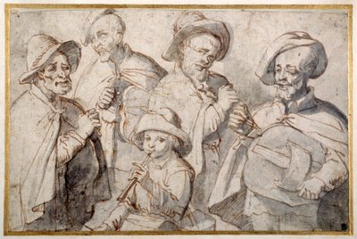 Vier draailierspelers en een jongen met een pijp, ca. 1650-99 door French School