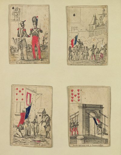 Vier speelkaarten ter herdenking van de helden van juli 1830, 1831 door French School