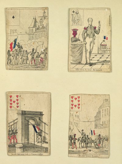 Vier speelkaarten ter herdenking van de helden van juli 1830, 1831 door French School