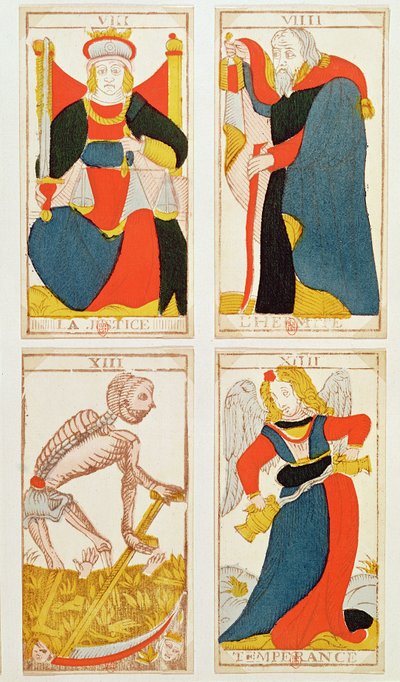 Vier tarotkaarten met afbeelding van Gerechtigheid, Gematigdheid, De Dood en De Kluizenaar (gekleurde houtsnede) door French School