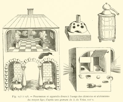 Ovens en diverse apparaten voor chemici en alchemisten in de Middeleeuwen door French School