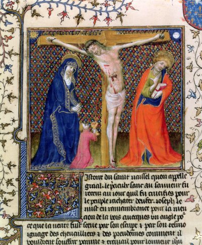 Jozef van Arimathea verzamelt het bloed van de gekruisigde Christus, uit La Quite de Saint Graal door French School