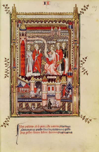 St. Saintin en St. Antonin, aangespoord om het verhaal van het leven van St. Denis te schrijven, uit Vie de St. Denis, 1317 door French School