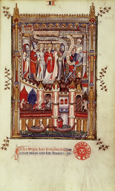 Het eerste verhoor van St. Denis en zijn metgezellen door Sisinnius, uit Vie de St. Denis, 1317 door French School