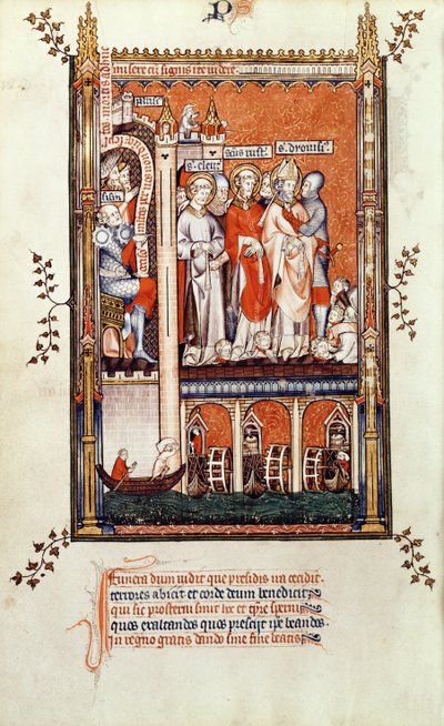 Sisinnius toont de lichamen van andere martelaren aan St. Denis en zijn metgezellen, uit Vie de St. Denis, 1317 door French School