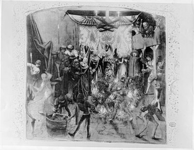Fr 2646 f.176 Bal des Ardents, Karel VI (1380-1422) gered door de Hertogin van Berry nadat Lodewijk van Orléans de kostuums van de dansers in brand stak, uit Froissarts Kroniek, 1392 door French School