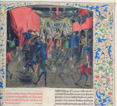 Bal des Ardents, Karel gered door de hertogin van Berry nadat Lodewijk van Orléans de kostuums van de dansers in brand stak, 1392, uit Froissarts Kroniek door French School
